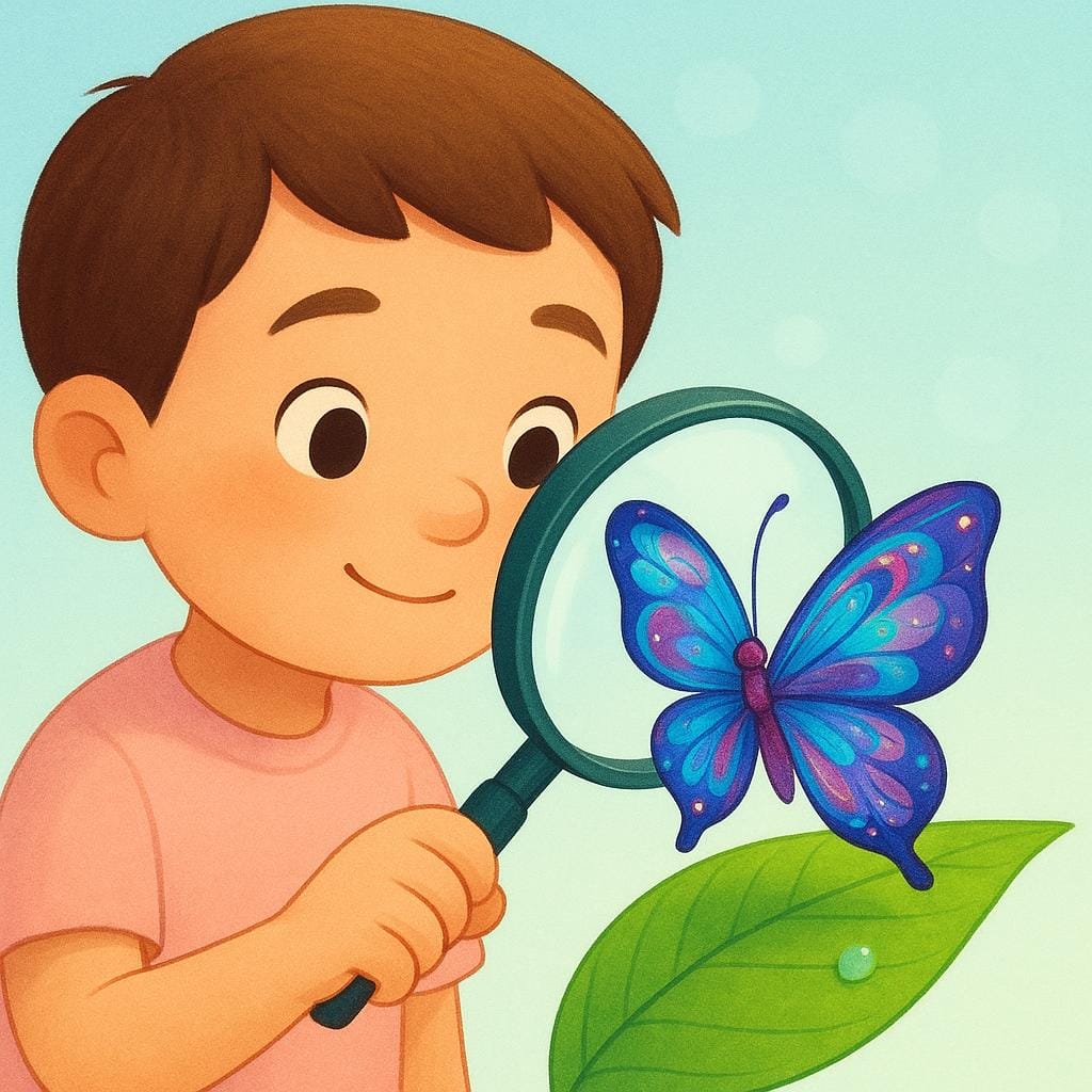 A close-up view of a child using a large magnifying glass to examine the intricate wing pattern of a brightly colored butterfly resting on a green leaf.