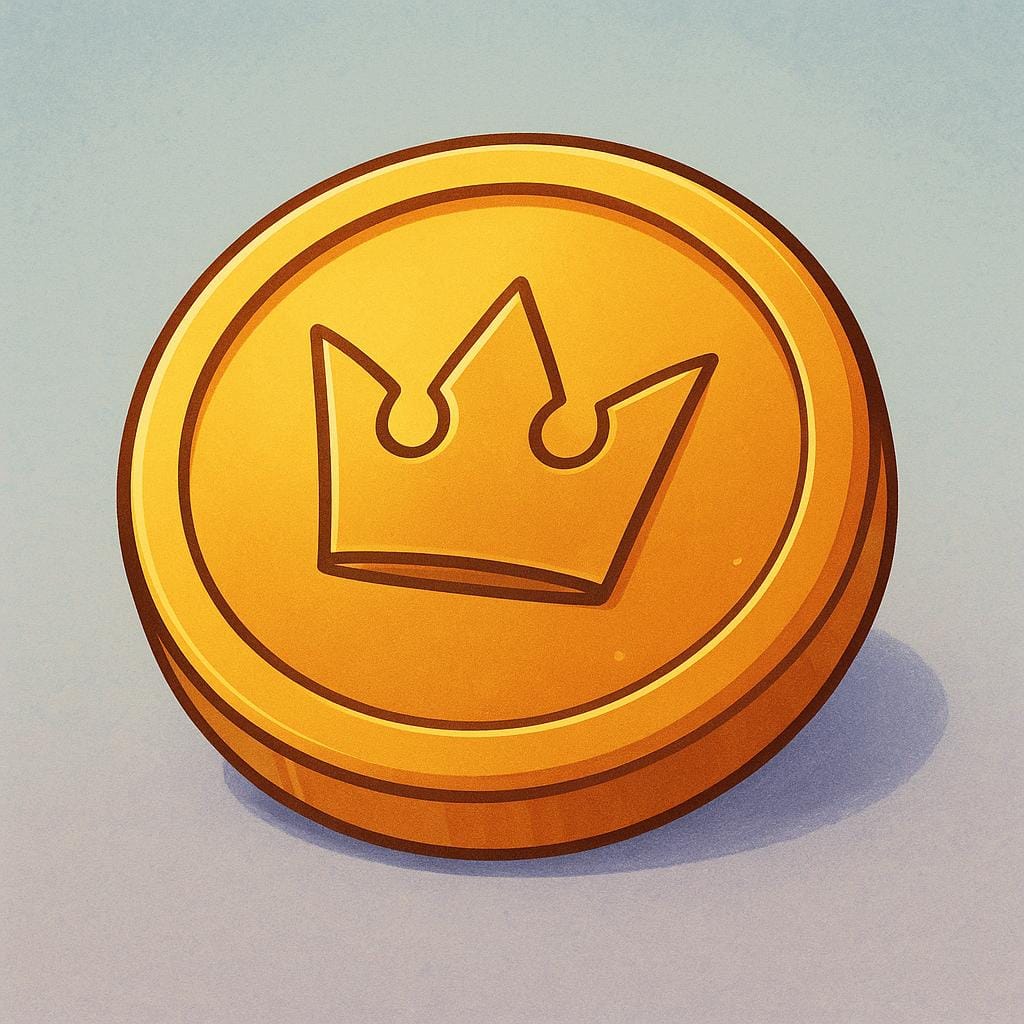 A large, shiny gold coin featuring a simple stamped crown design, representing a unit of currency.