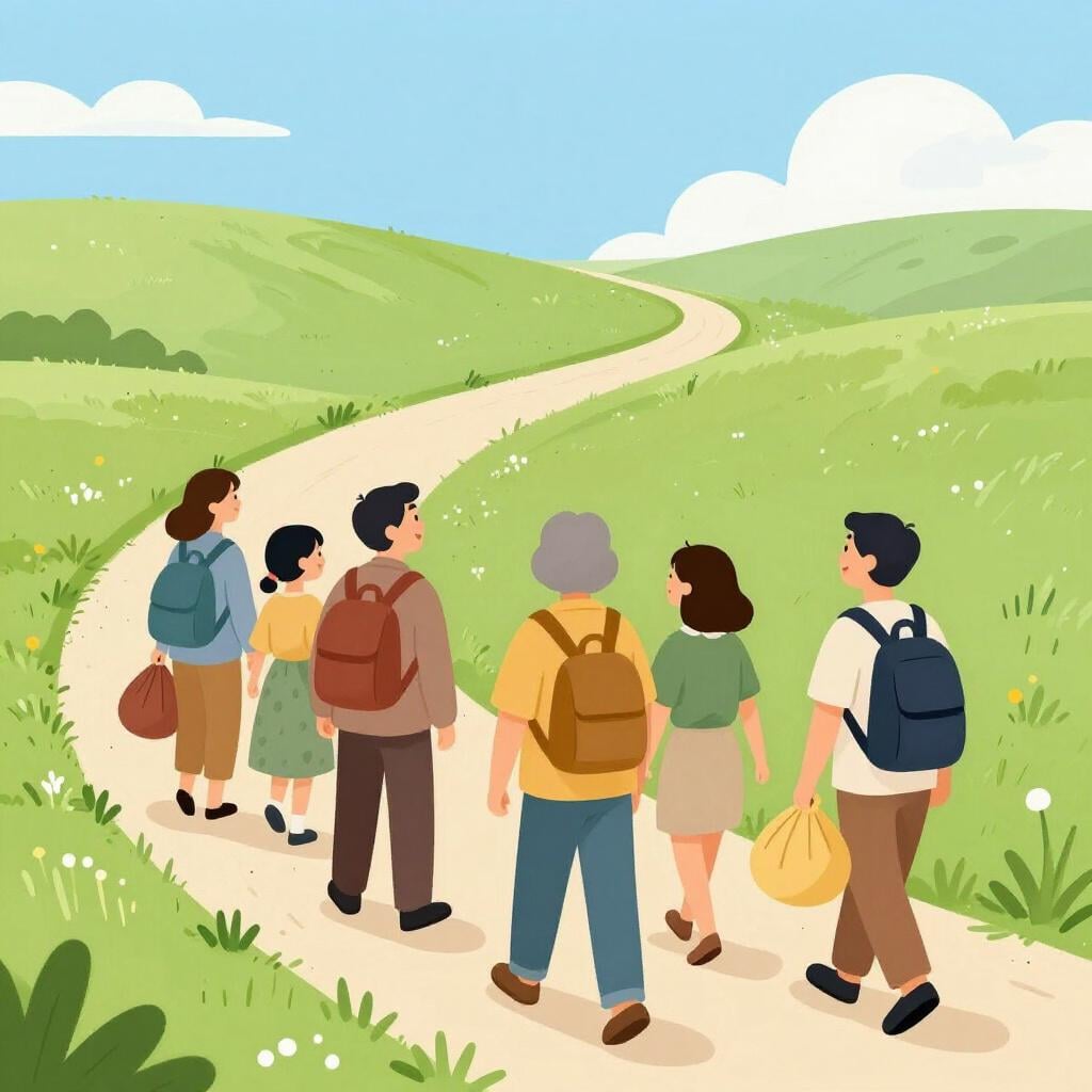 A group of people walking together carrying small bags and bundles on a long path.