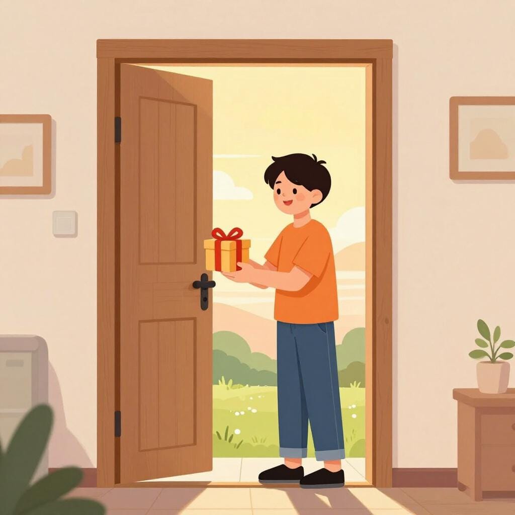 A person standing at a front door with a gift, arriving exactly as the sun rises in the background.