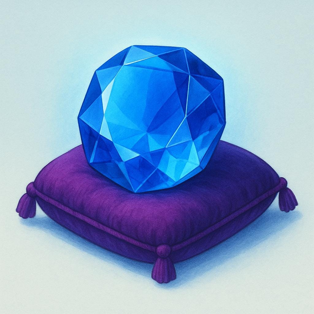 A single, large, flawless blue gemstone resting prominently on a small, deep purple velvet display cushion, radiating a soft glow.
