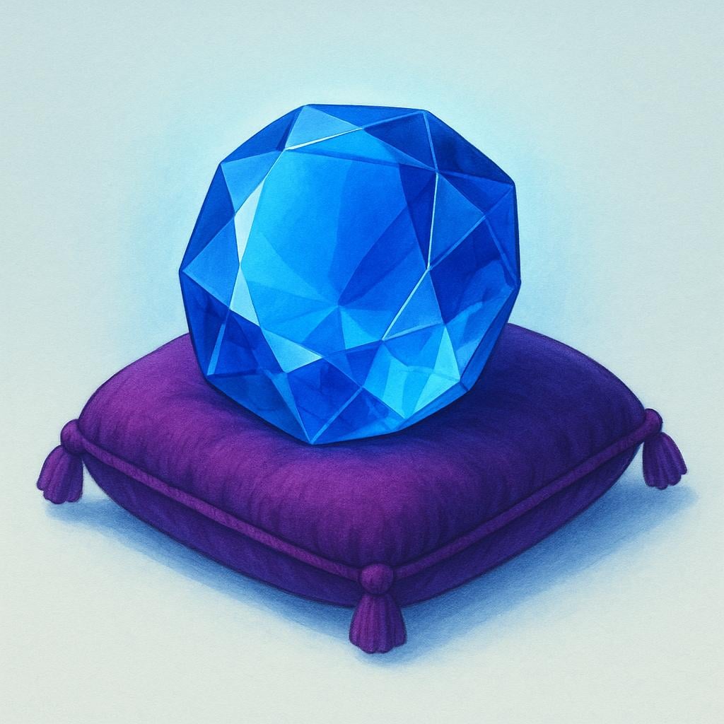 A single, large, flawless blue gemstone resting prominently on a small, deep purple velvet display cushion, radiating a soft glow.