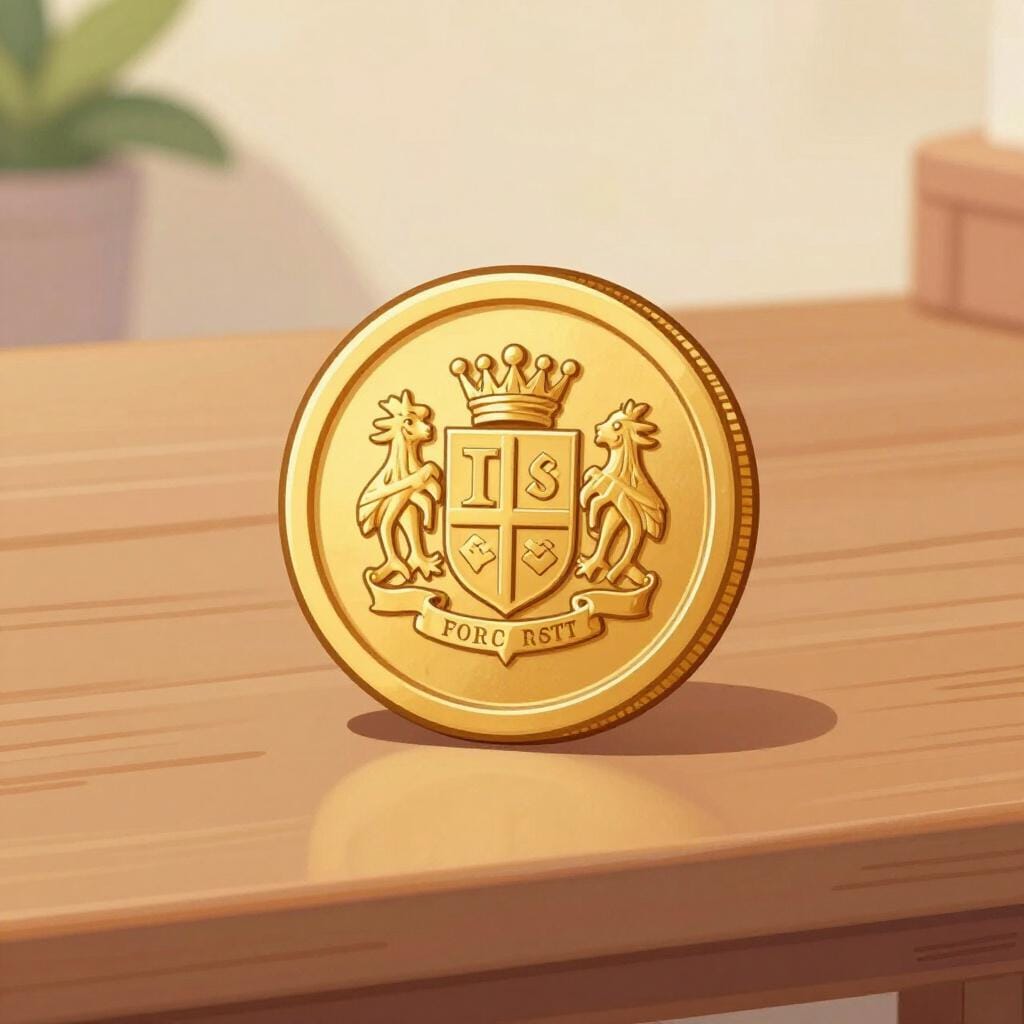 Une vieille pièce d'or avec un design de couronne et de bouclier.