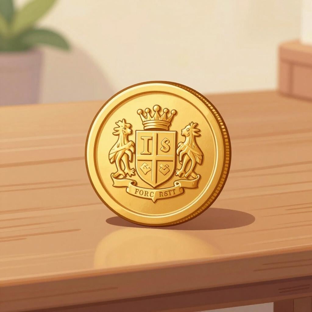 Une vieille pièce d'or avec un design de couronne et de bouclier.