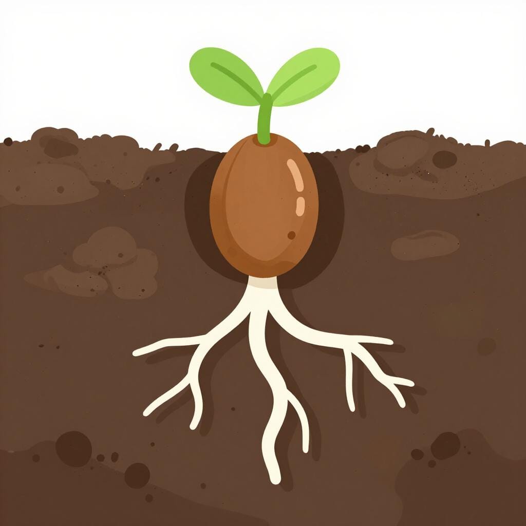 A small green sprout growing out of a brown seed with long, visible roots spreading into the soil.