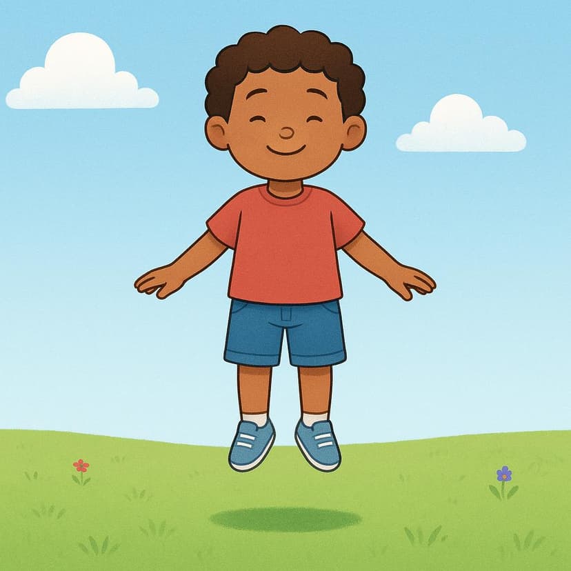 A colorful illustration of a small child floating effortlessly just above a grassy field, hands outstretched, symbolizing the hypothetical ability or potential expressed by 'pudiera'.