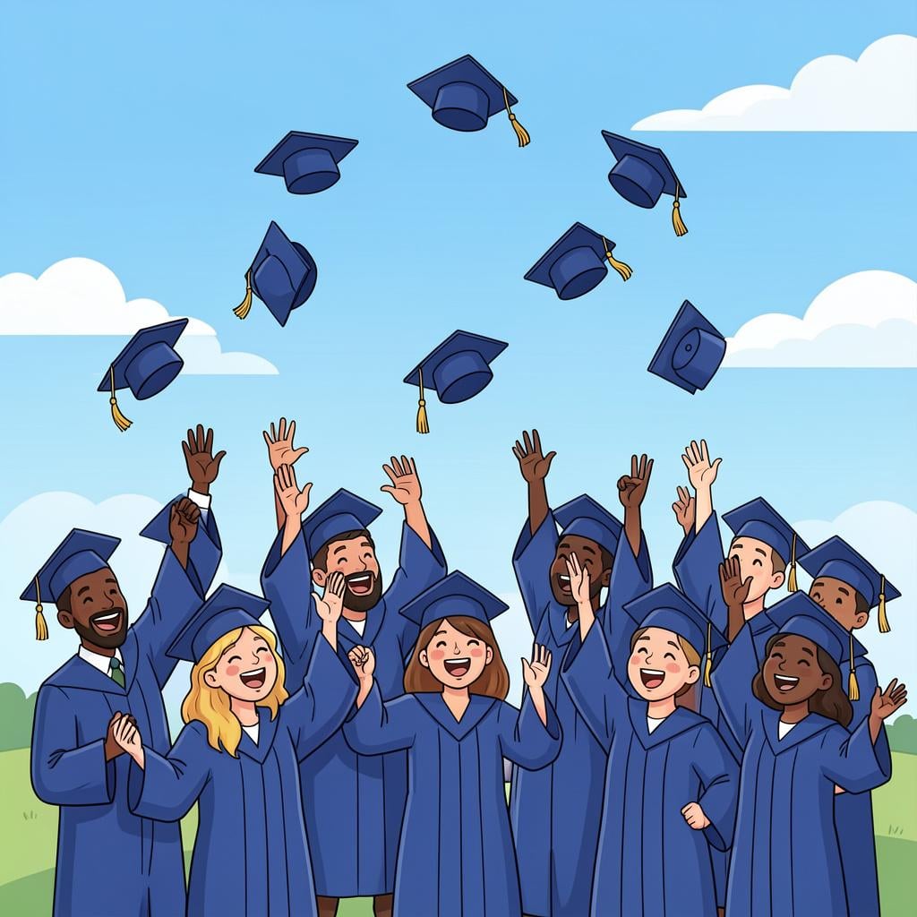 A group of happy graduates in caps and gowns tossing their hats into the air.