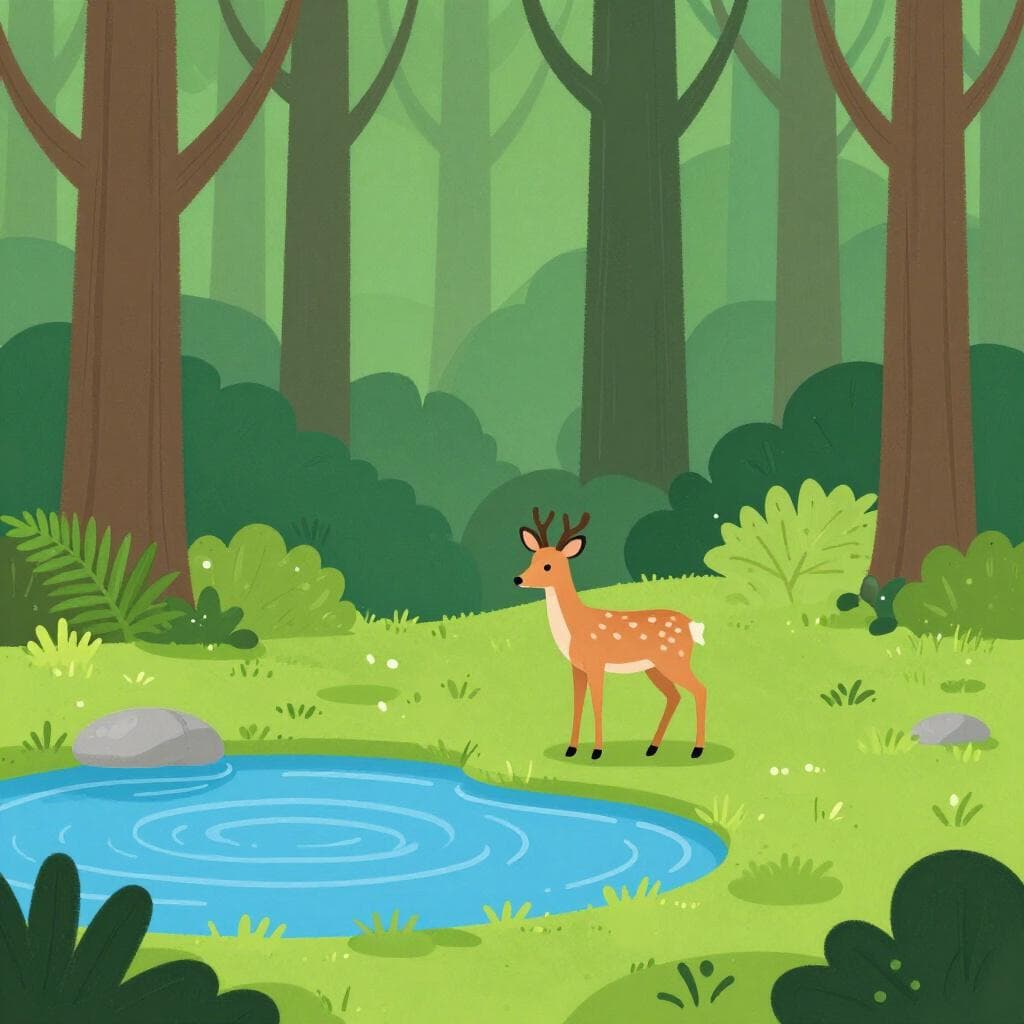 A lush forest clearing with a small pond, tall trees, and green plants, representing a natural home for animals.