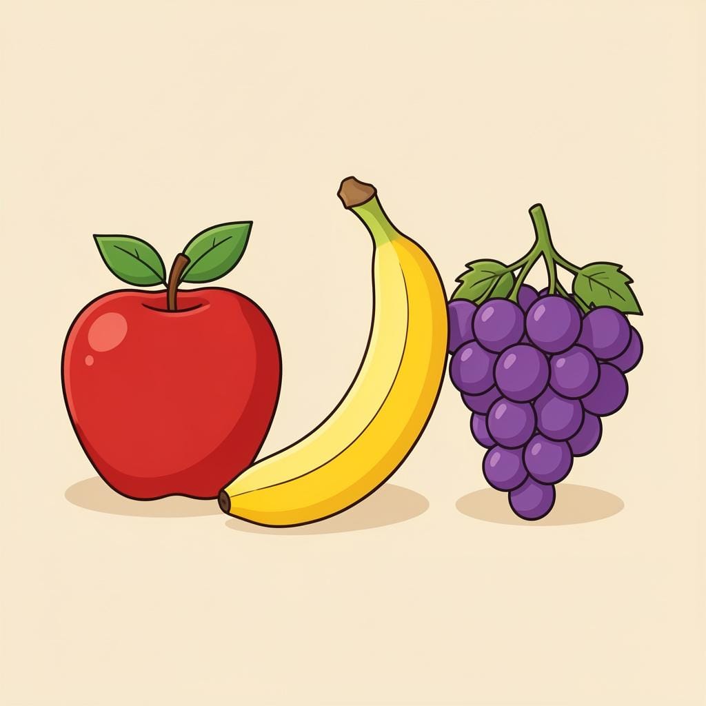 A row of three round fruits: one bright red apple, one yellow banana, and one purple bunch of grapes.
