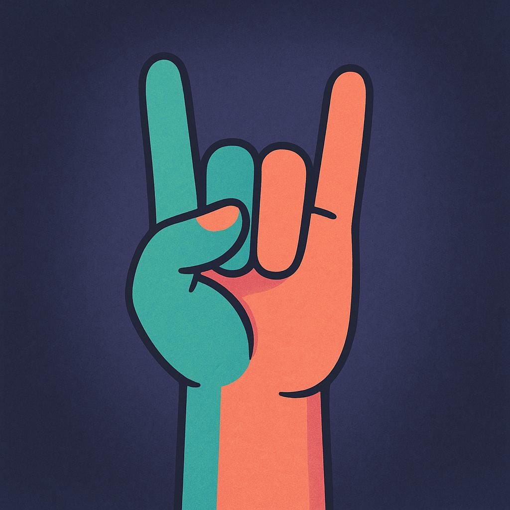 A stylized hand making the 'devil horns' gesture (index finger and pinky extended), symbolizing the heavy metal music genre.
