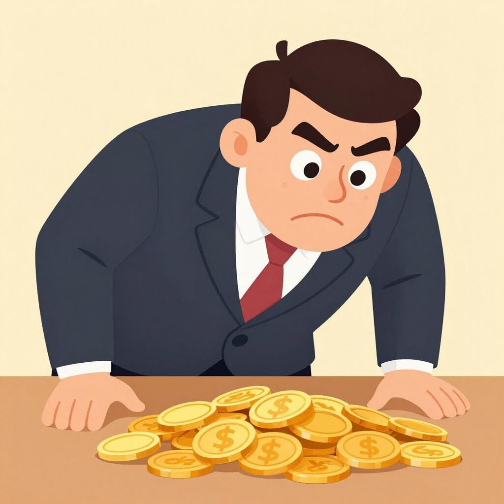 A greedy man in a dark suit leaning over a pile of gold coins with a sharp, bird-like expression.