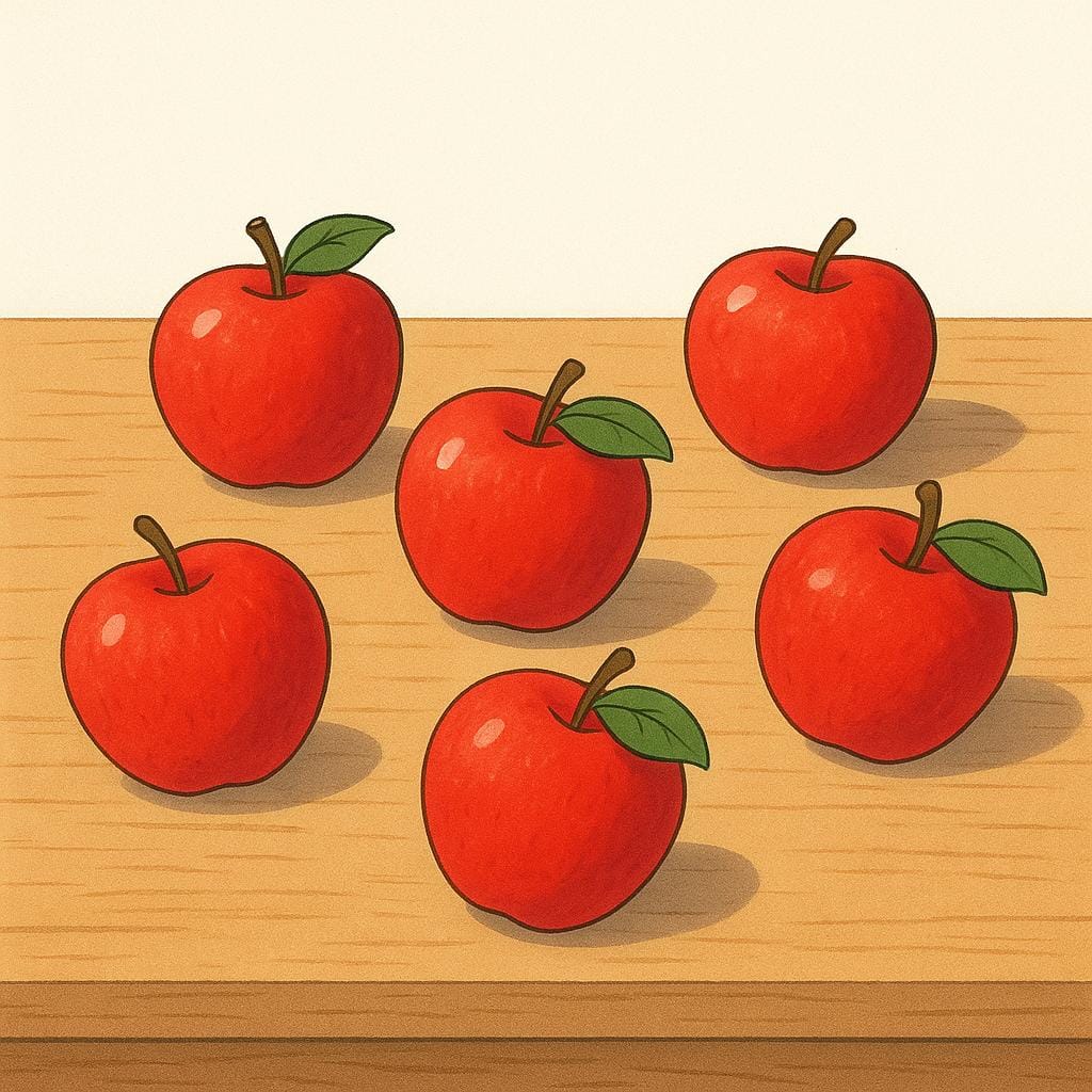 A high quality illustration showing several distinct, bright red apples scattered lightly on a clean wooden table, illustrating an indefinite quantity.
