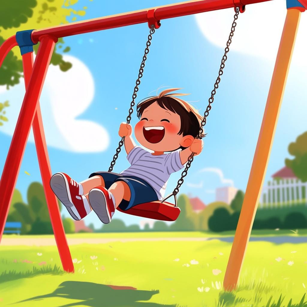 A joyful young child with a wide smile is swinging high on a red swing set in a sunny, green park.