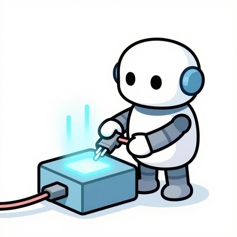 Ein freundlicher Roboter verbindet bunte Kabel mit einer leuchtenden Platine.