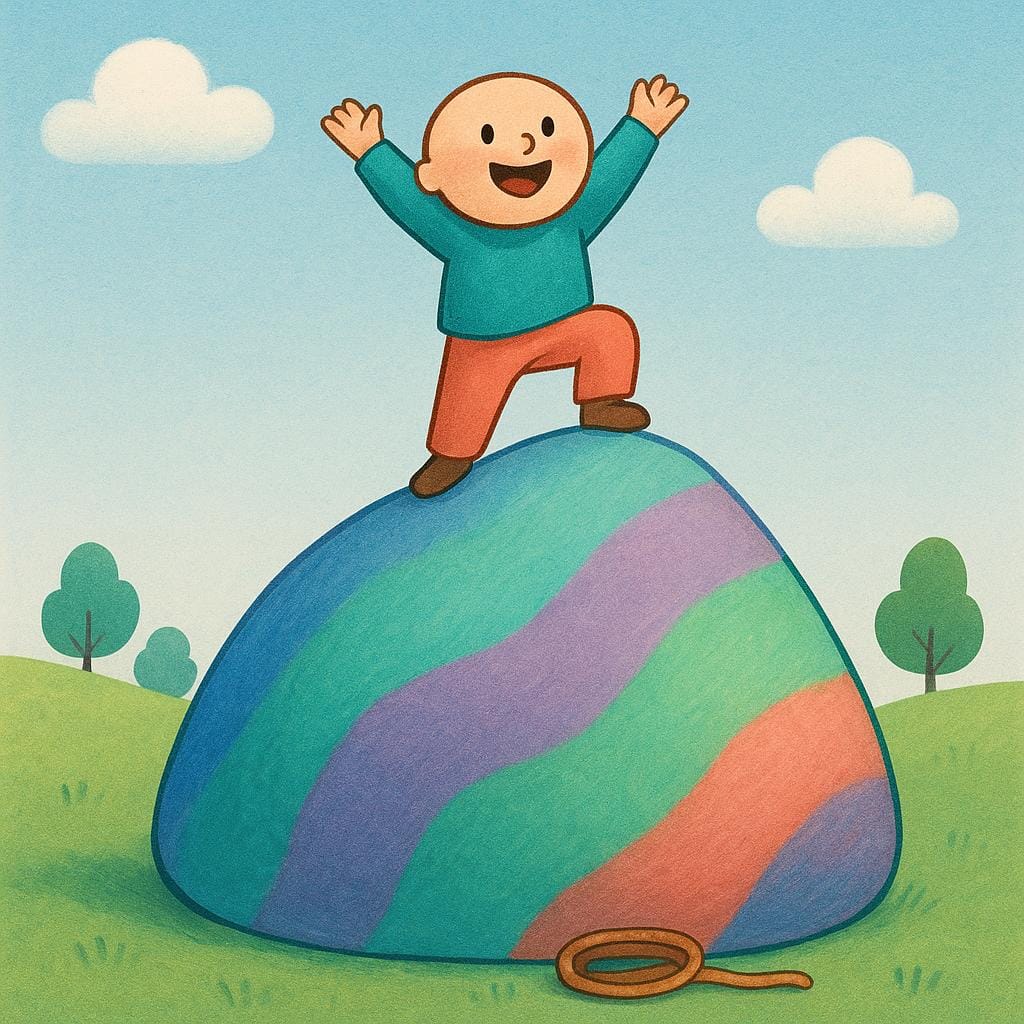 A small, cheerful figure stands triumphantly on top of a large, smooth, colorful boulder, having just climbed it successfully.