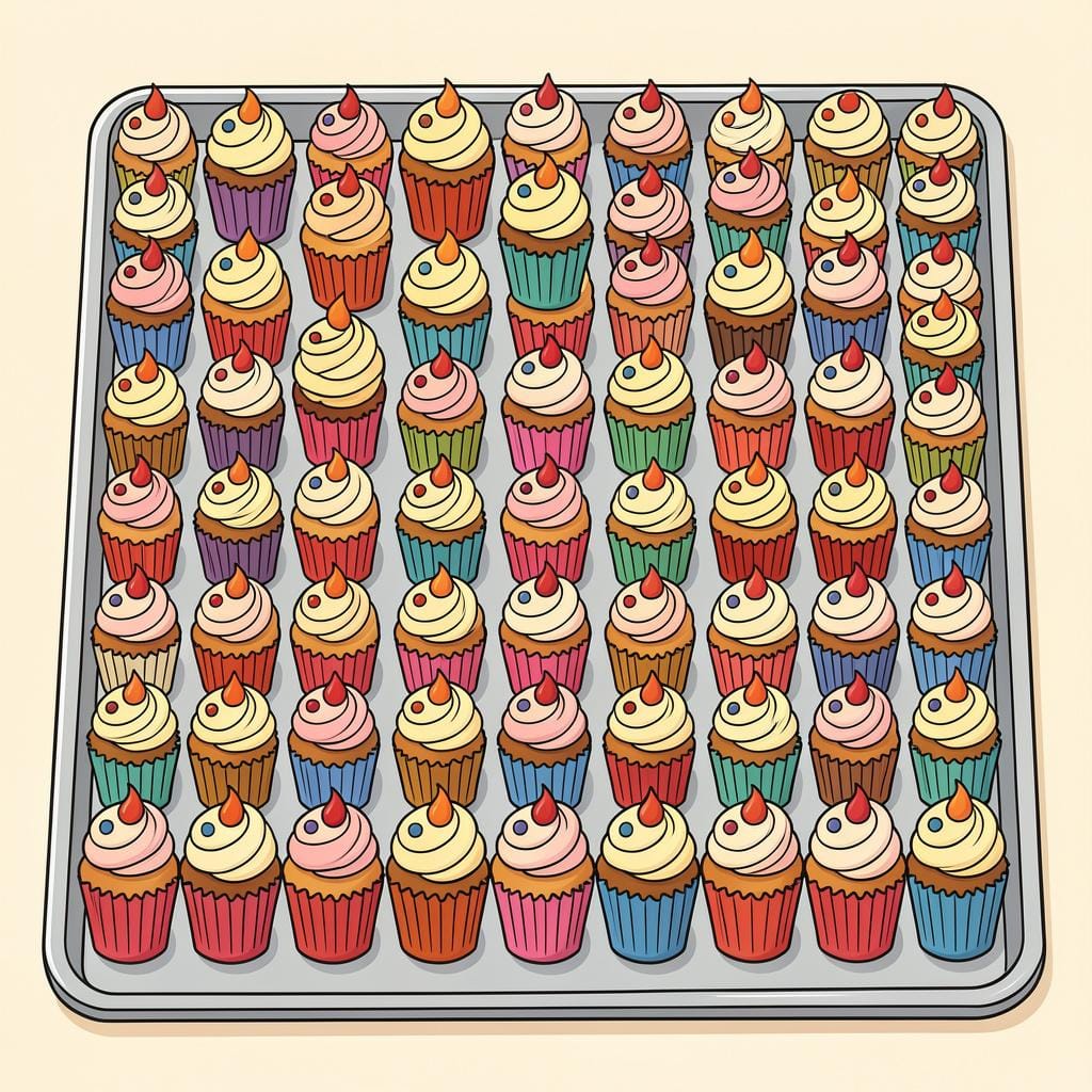 A tray of identical freshly baked cupcakes arranged in neat rows.