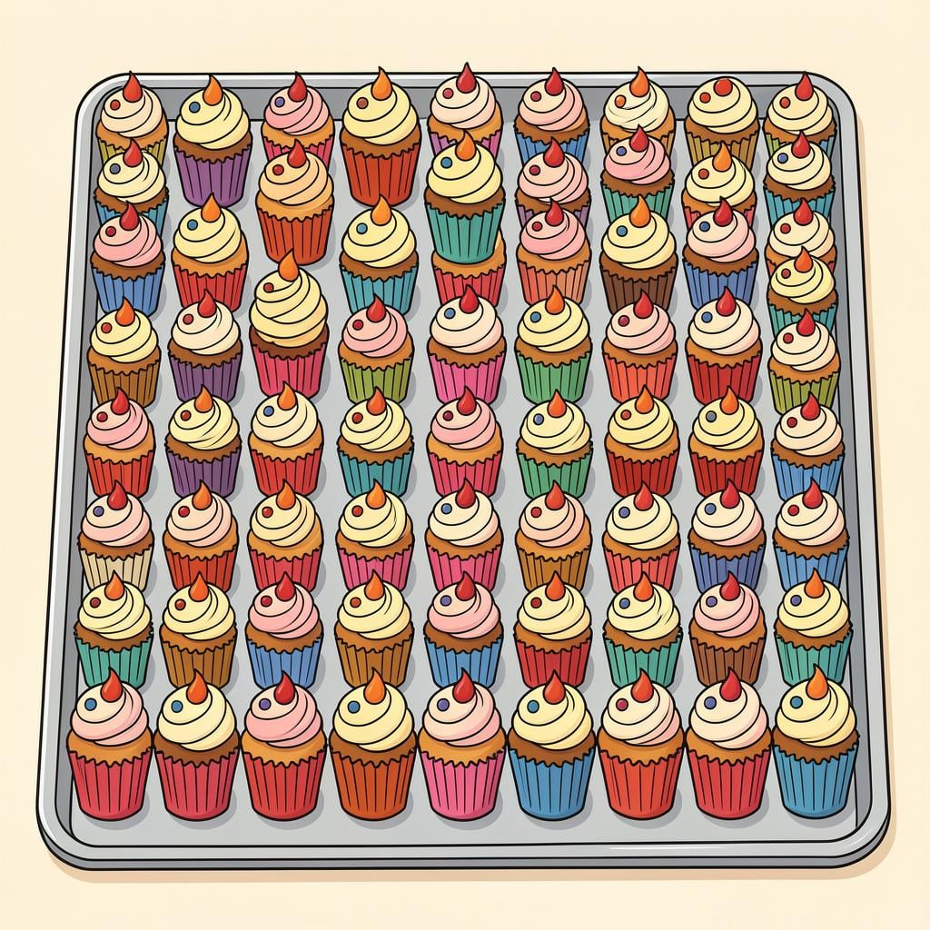 A tray of identical freshly baked cupcakes arranged in neat rows.