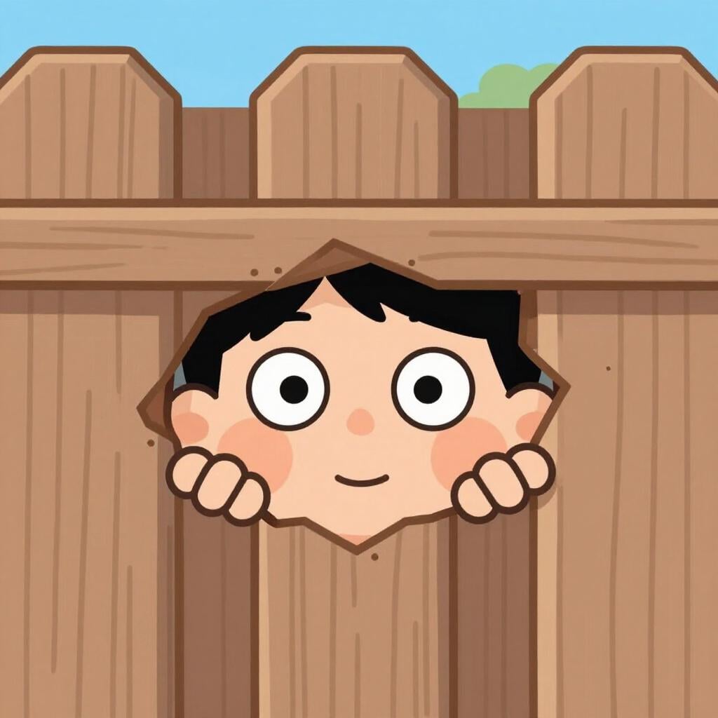 A person peeking through a small gap in a wooden garden fence.