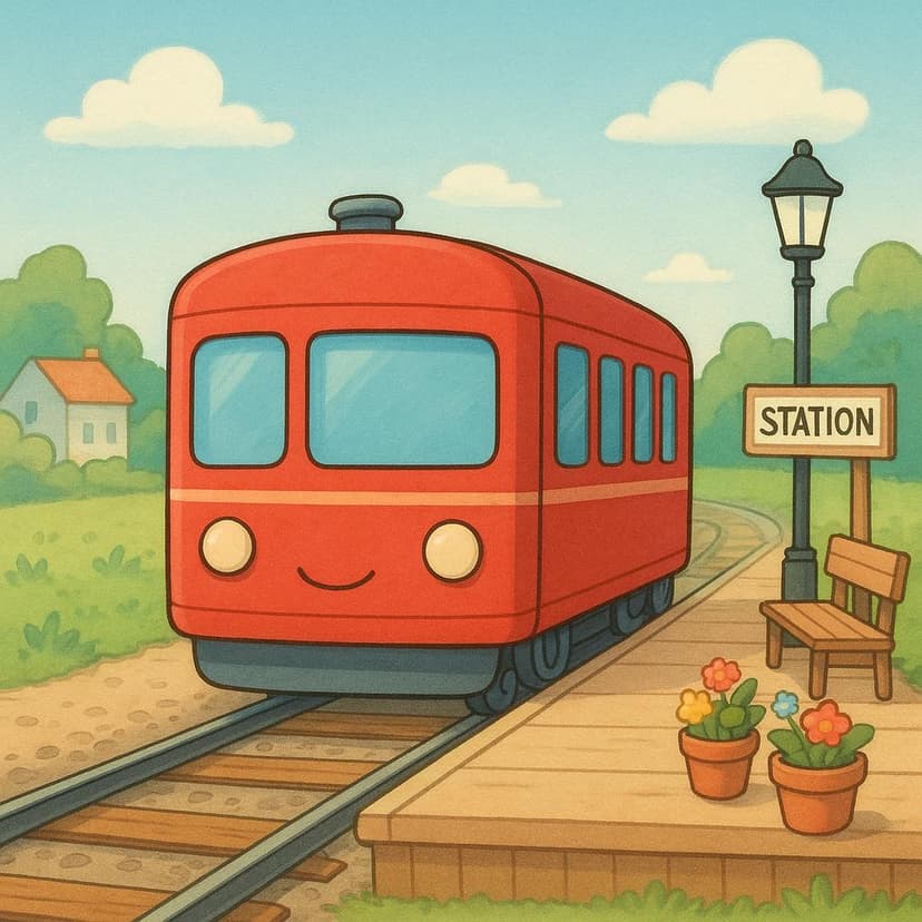 A small red passenger train has stopped at a brightly colored, quaint station platform, signifying a completed arrival.