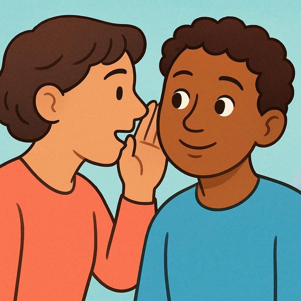 One stylized figure leaning in and speaking clearly toward another figure's ear, depicting the action of informing or giving instructions.