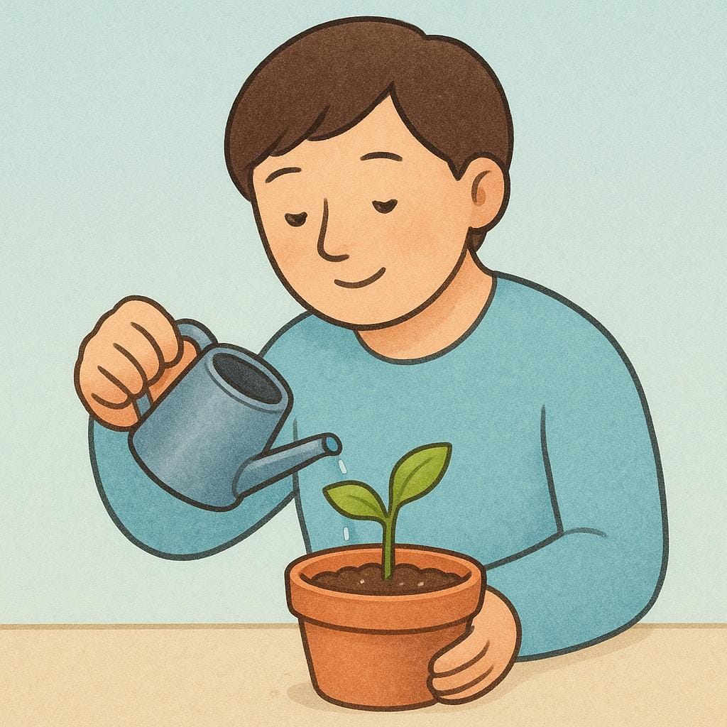 Een jong persoon die voorzichtig een kleine groene kamerplant water geeft met een gieter.