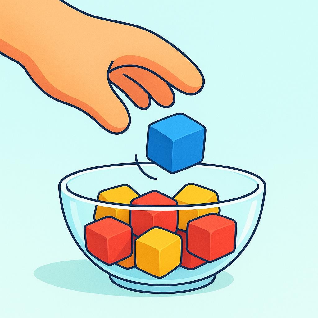 A cartoon hand dropping a single blue cube into a clear glass bowl that already contains several red and yellow cubes, illustrating the physical act of adding.