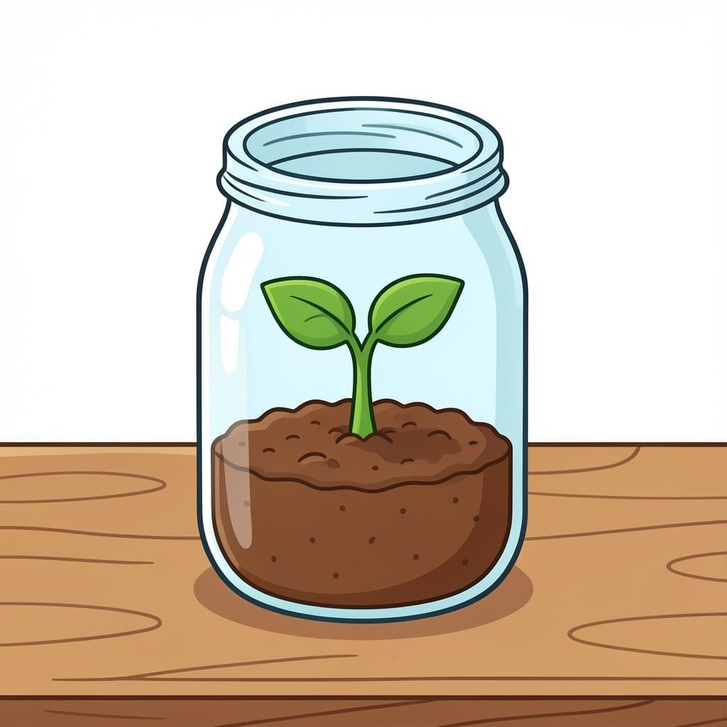 A small green plant inside a glass jar, protected and thriving in a stable environment.