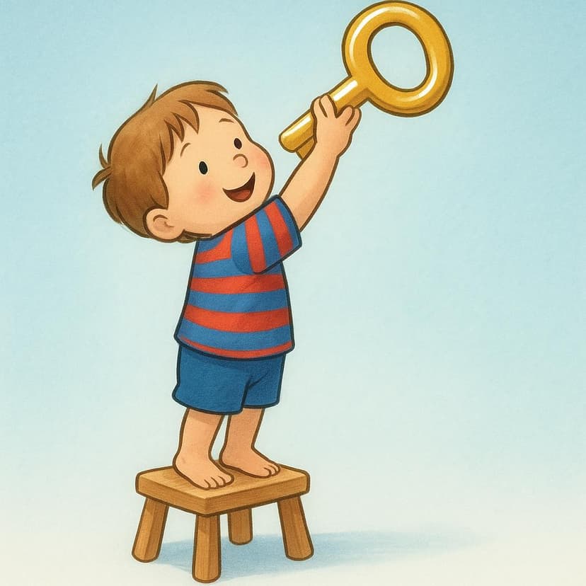A joyful child standing on a small stool, successfully reaching up and grasping a large, shiny golden key hanging just above their head.