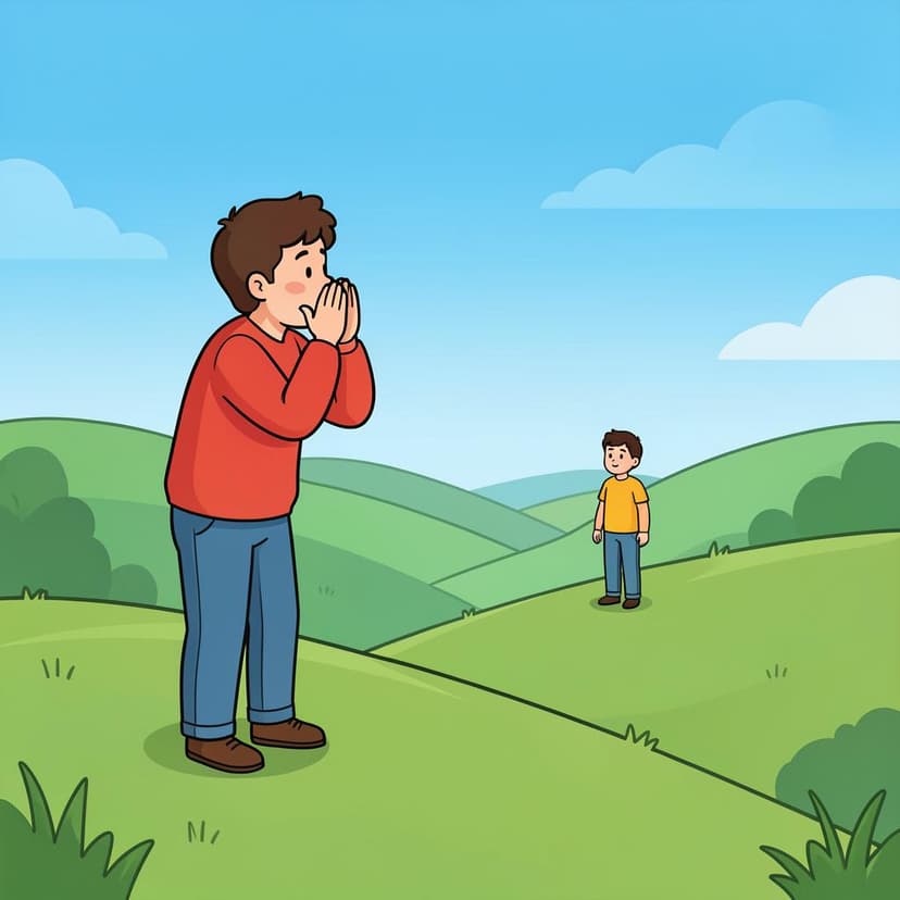 Une personne debout sur une petite colline, les mains en coupe autour de la bouche pour crier vers un ami au loin.