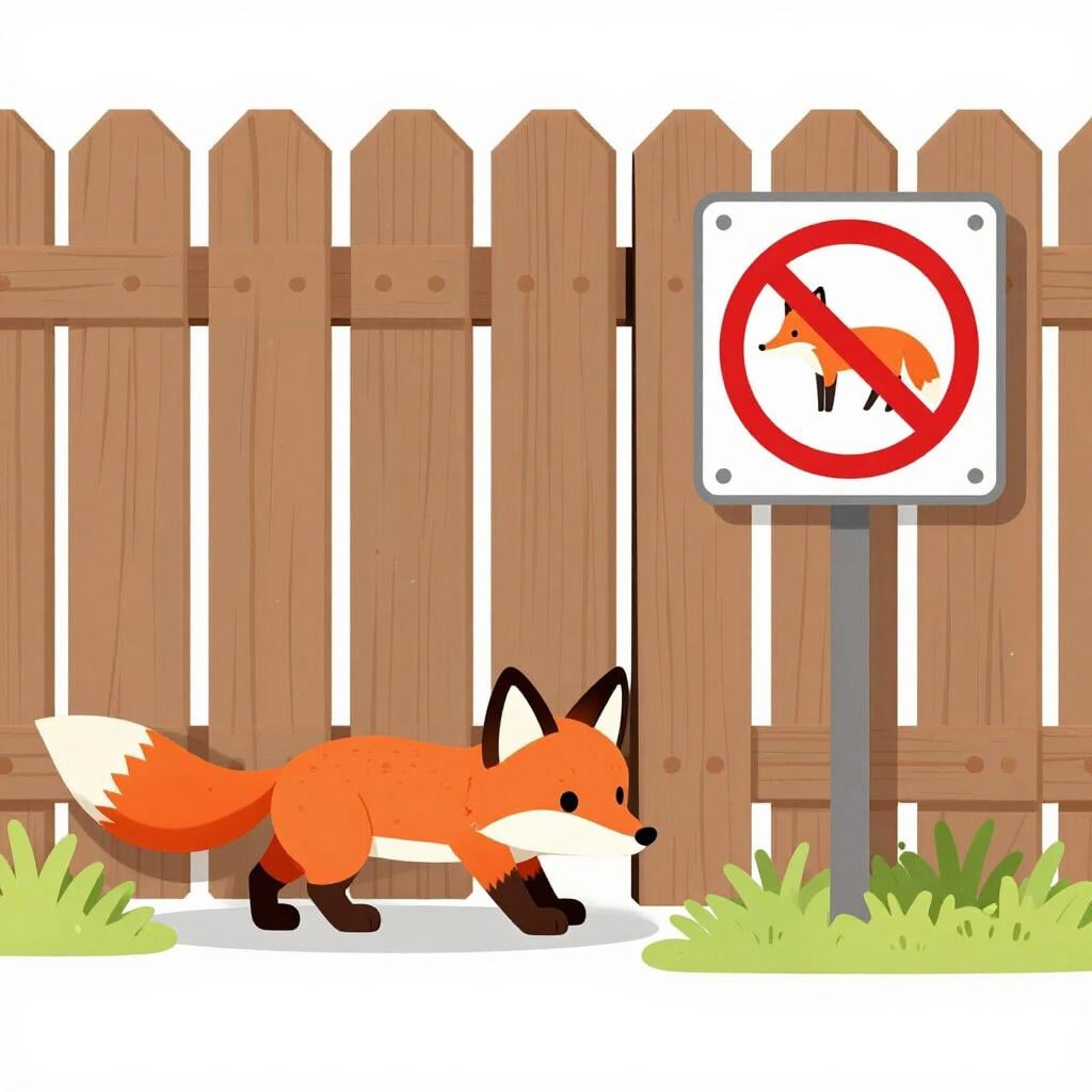 Ein listiger Fuchs, der unter einem hölzernen Gartenzaun hindurchkriecht und ein Schild mit einem roten Kreis und einem durchgestrichenen Fuchs-Symbol ignoriert.