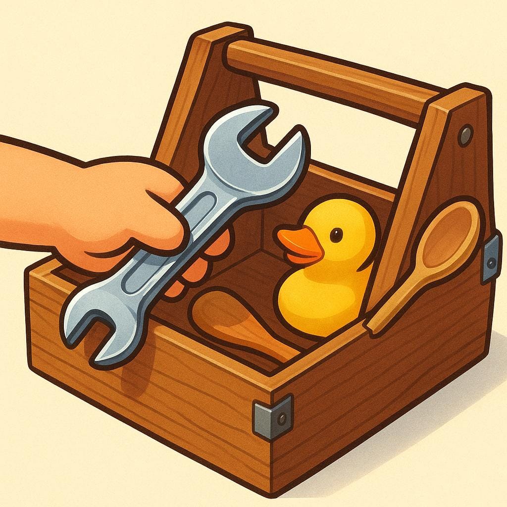 A hand choosing a perfectly sized wrench from a disorganized toolbox filled with many unsuitable items like a spoon, a feather, and a shoe.