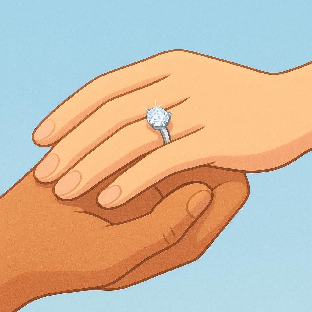 A close-up view of two hands, one male and one female, gently holding each other, with a diamond engagement ring visible on the woman's ring finger.