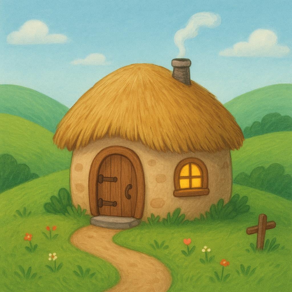 A cozy, small, rounded dwelling with a thatched roof, nestled among soft green hills, illuminated by warm light coming from a single window.