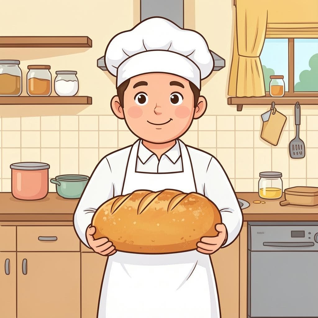 Um padeiro amigável de avental branco segurando um pão fresco.