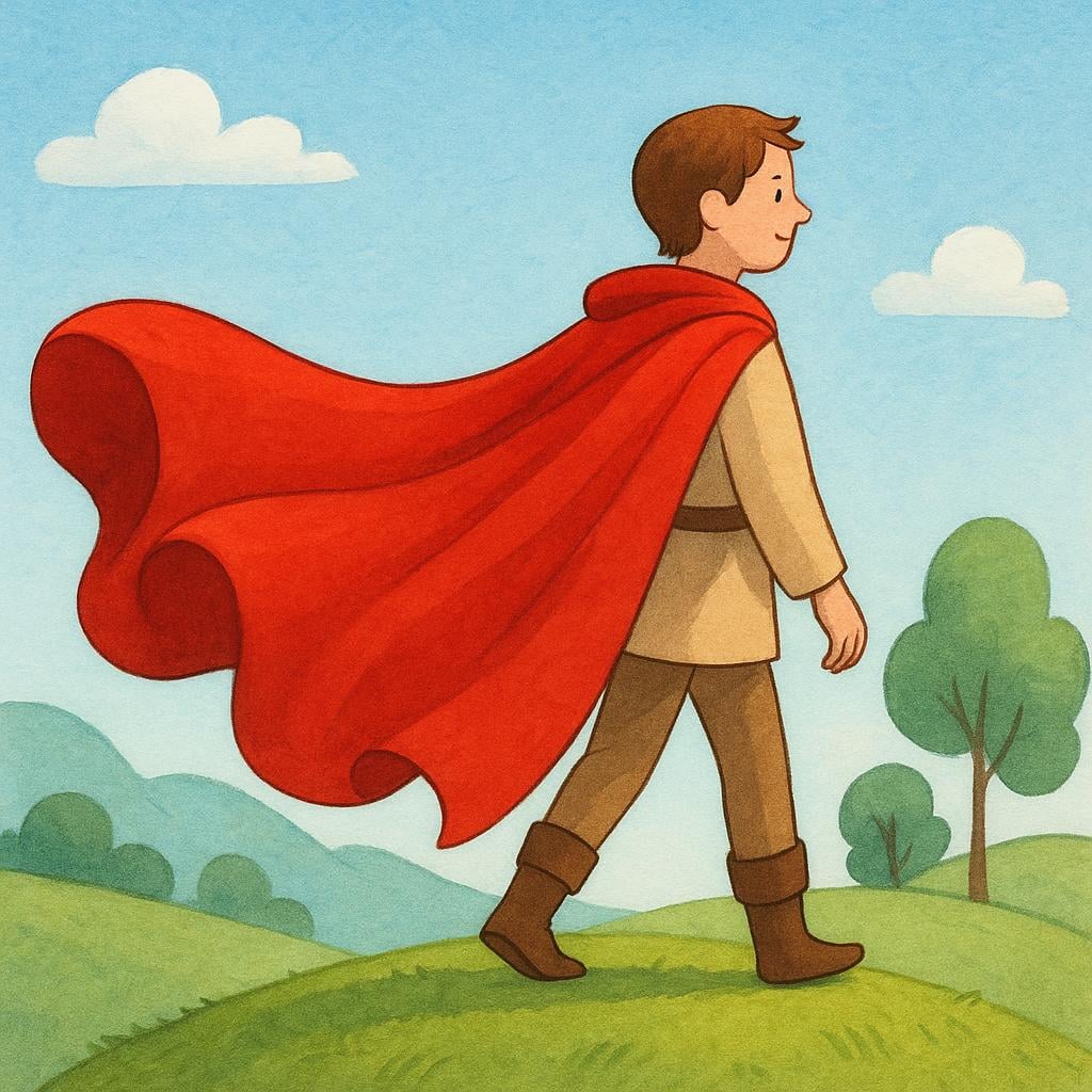 A simple illustration of a figure standing, wearing a long, flowing red cape draped over their shoulders.