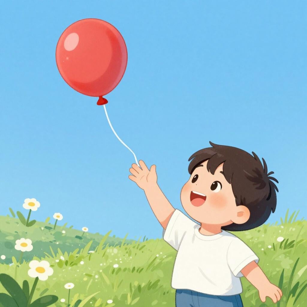 A young child in a sunny park reaching out with excitement toward a bright red balloon floating in the air.
