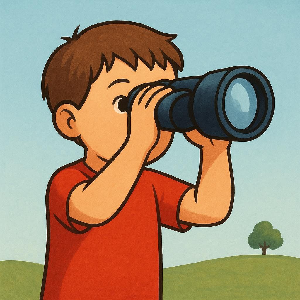 A colorful storybook illustration showing a child wearing a red shirt intently looking through a large pair of binoculars.