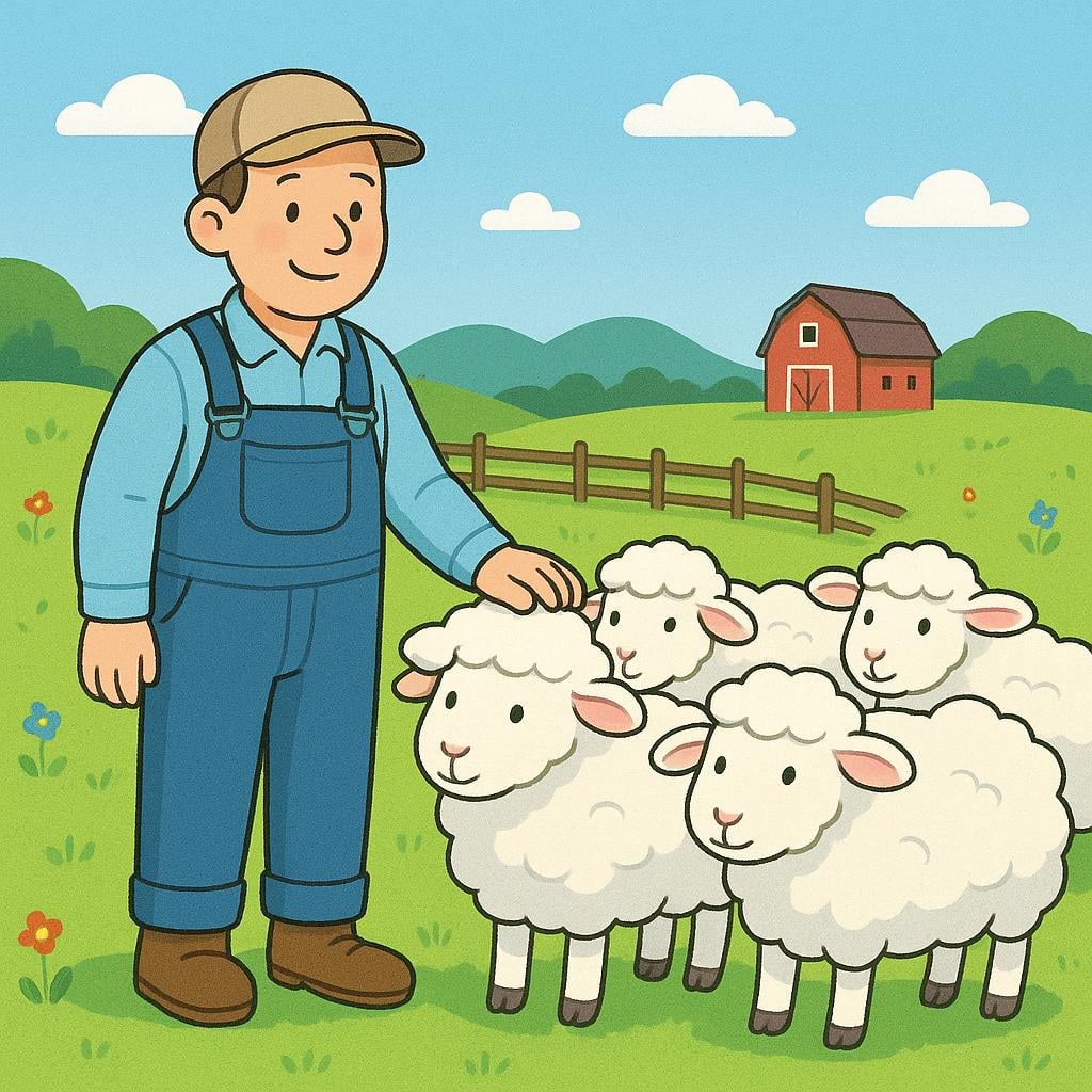 A farmer standing in a green pasture, tending to a small flock of sheep grazing nearby.