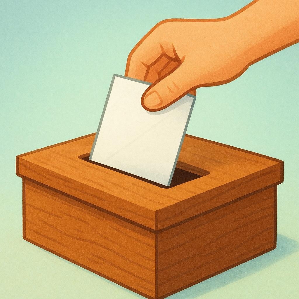 A hand dropping a folded paper ballot into a wooden ballot box with a slot on top.