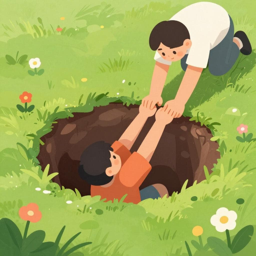 Een kleurrijke illustratie van een persoon die een ander persoon helpt uit een diep, donker gat te klimmen naar een helder, zonnig veld.