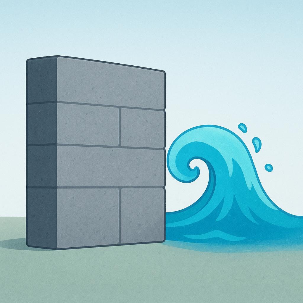 A large, solid gray wall successfully blocking the forceful forward movement of a stylized blue wave, illustrating the stopping of progress.