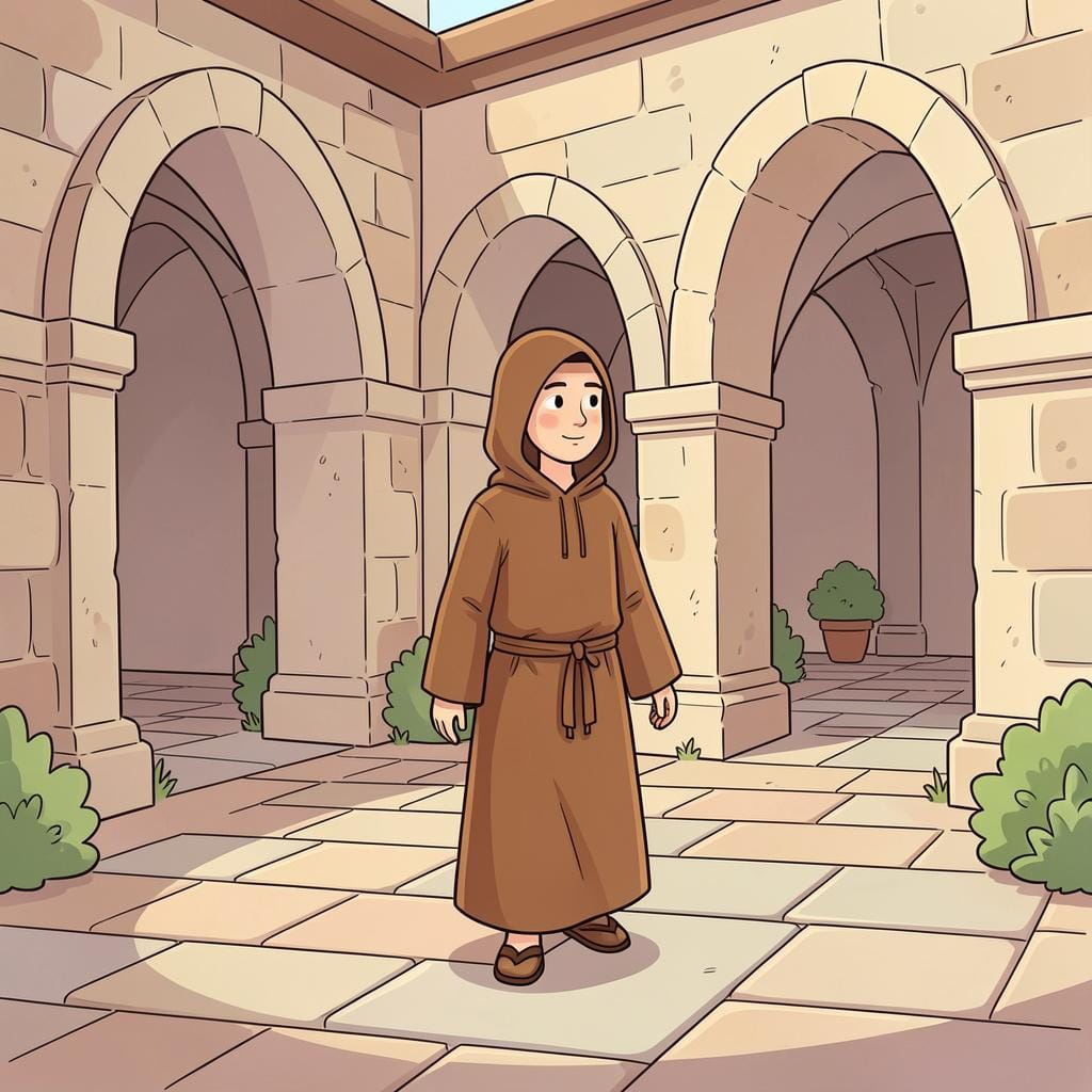 A man wearing a simple brown robe walking through a stone courtyard.