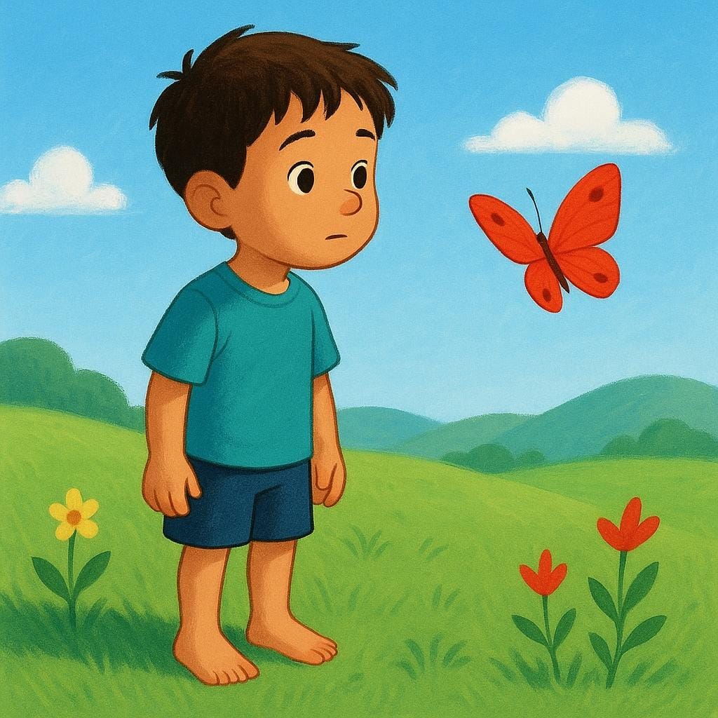 A high quality storybook illustration of a young boy standing outdoors in a sunny field, intently gazing at a bright red butterfly fluttering past him.