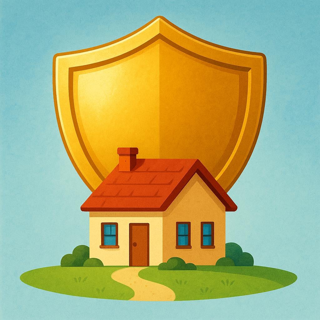 A small, simple house placed safely beneath a large, protective golden shield, representing financial insurance.