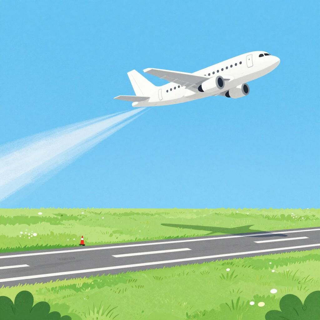 A white airplane ascending into a clear blue sky above a green field.