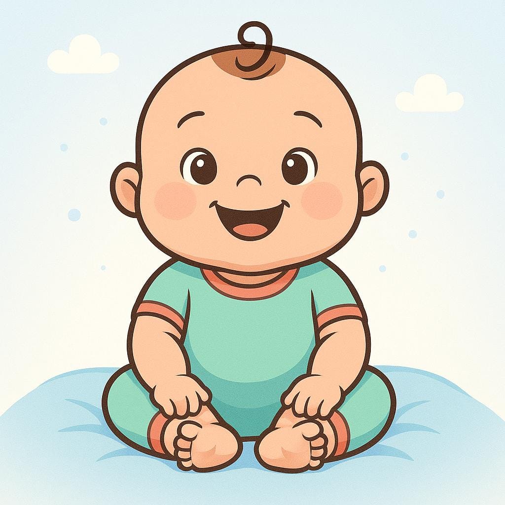 A simple illustration of a happy infant sitting up and smiling.