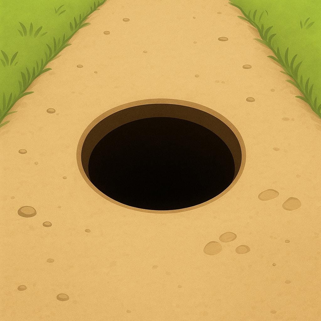 A small, dark, circular opening in a brown dirt surface.