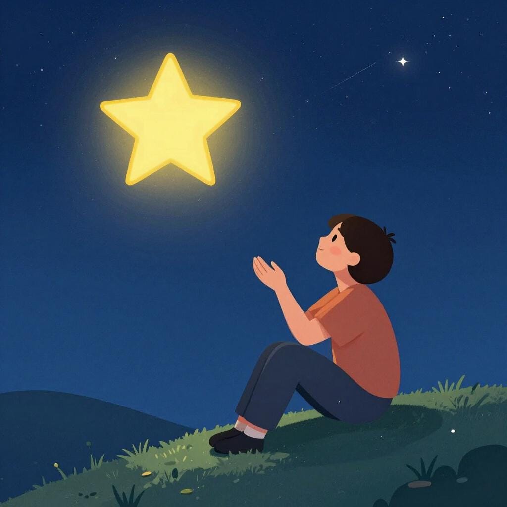 A person sitting on a grassy hill at night, looking up at a single bright star with a peaceful smile.