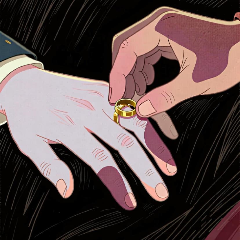 A person in a suit putting a wedding ring on another person's finger.