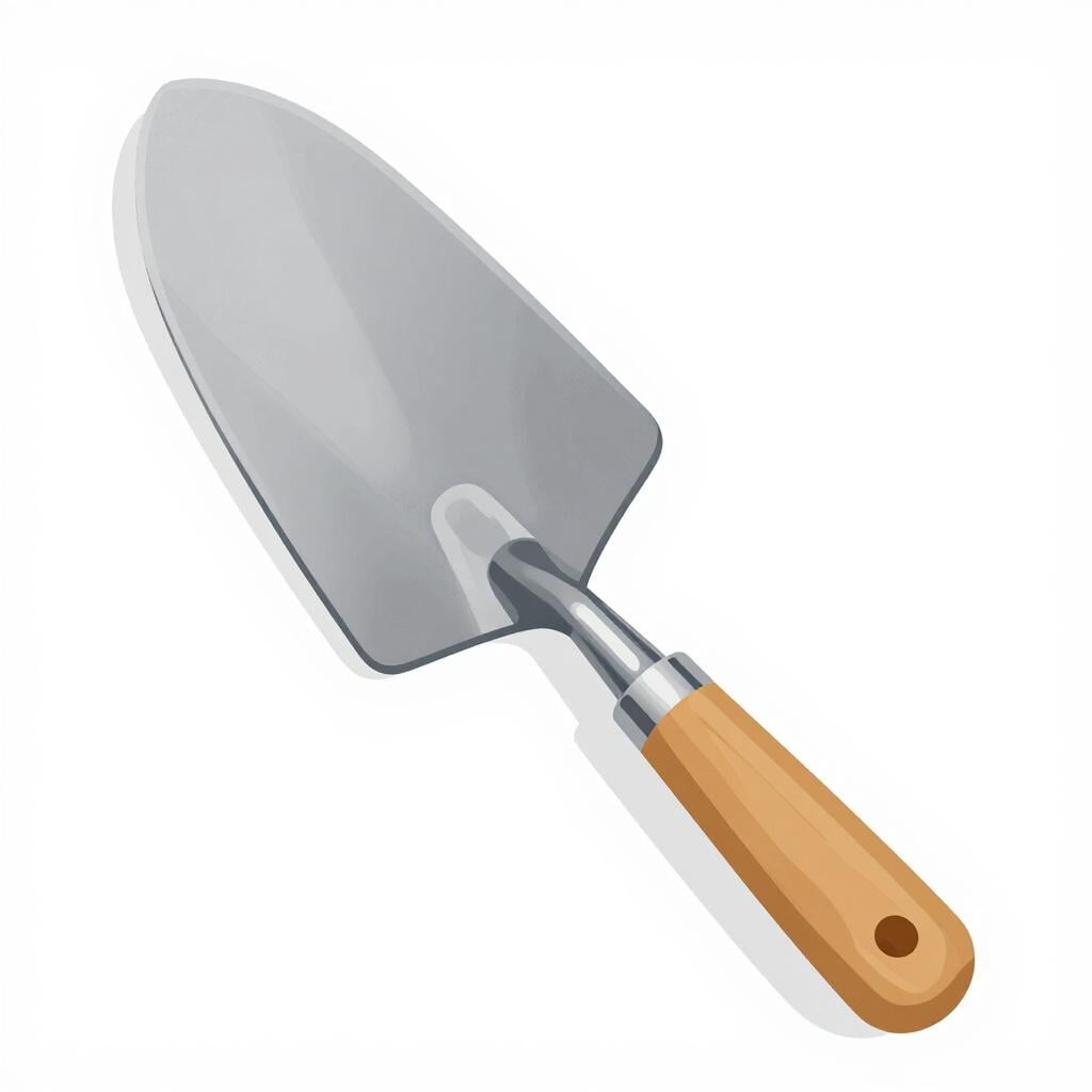 A metal masonry trowel with a wooden handle.